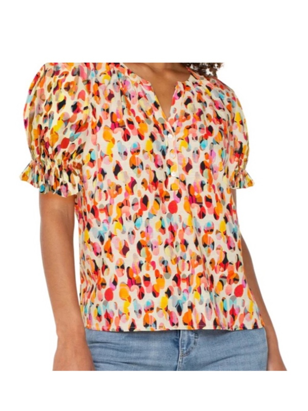 Liverpool Multi-Color Puff Sleeve V-Neck Top  Size XL